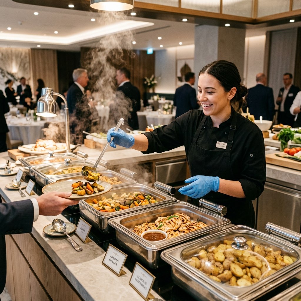 Profissional servindo comida em bufê corporativo